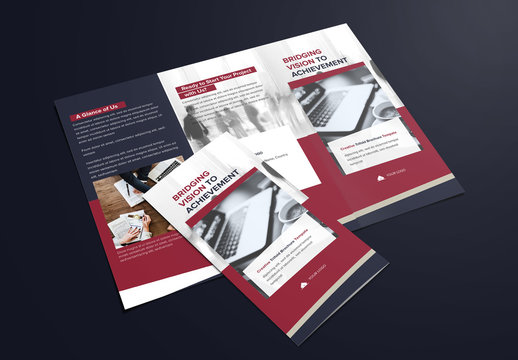 Trifold Brochure Layout with Dark Navy and Maroon Accents