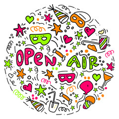 Hand drawn, open air doodle set. Sketch elements for invitation, flyer, poster, t-shirt design or blog. Isolated on white background