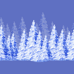 Obraz premium Christmas seamless pattern of winter snow-covered Christmas trees, watercolor illustration.