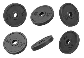 3d rendering of many isolated black 10 kg barbell weights hanging on a white background turned to different sides. - obrazy, fototapety, plakaty