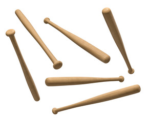3d rendering of wooden baseball bats hanging on a white background in different angles.