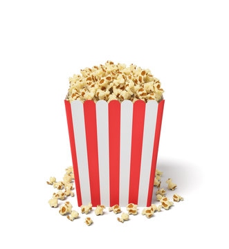 3d rendering of a square striped popcorn bucket with popcorn overflowing of it.