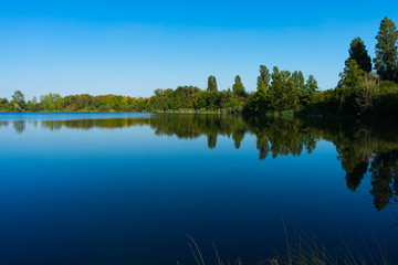 Fototapeta na wymiar kleiner See mit Bäumen am Ufer bei blauem Himmel