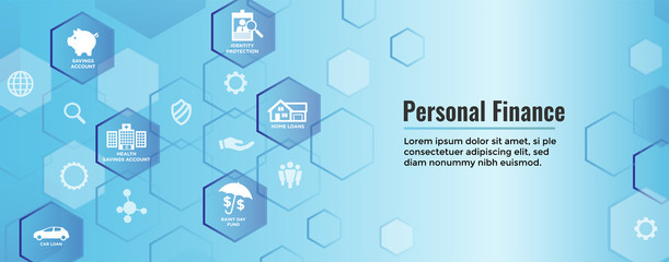 Personal Finance Web Header Banner with Rainy Day fund, cash reserves, savings account, hsa, and mortgage loan icon set