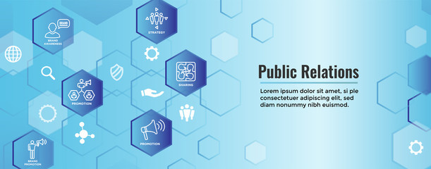 Public Relations Web Header Banner and Icon Set with brand awareness, strategy, and promotion