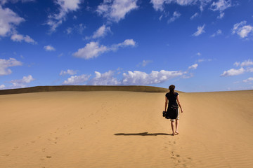 Scenic View Of  Alone Woman Walking On Dunes