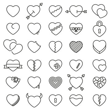 Set of 30 simple icons hearts for Valentine's day, web design, sites, applications, games, stickers…