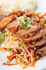 Roasted meat with  rice. Korean cuisine.