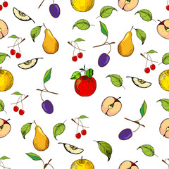 Seamless fruit pattern. Apples, pear, plum and cherry on white background.