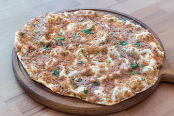 Turkish Food Lahmacun with Minced Meat, Buttermilk Ayran and Salad