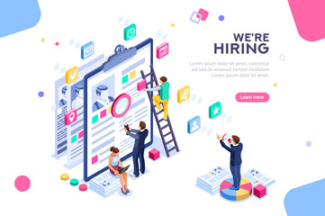 Job presentation fair banner page, choose career or interview a candidate. Job agency human resources creative find experience. Work concept with character and text. Flat isometric vector illustration