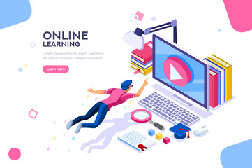 Desk of class seminar or courses. Online tutorial infographic for college research. Teaching cap on app for distance e-learning graduation. Concept with characters, flat isometric vector illustration.