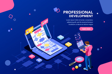 Programmer person and interactive technical software. Professional code for company concept with characters and text services. Flat isometric flowchart icons for infographic images vector illustration