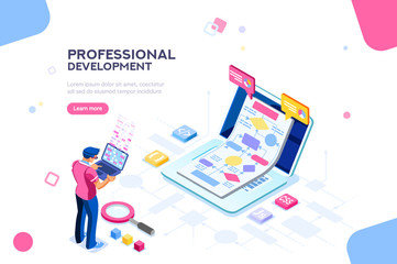 Programmer person and interactive technical software. Professional code for company concept with characters and text services. Flat isometric flowchart icons for infographic images vector illustration - 218811177