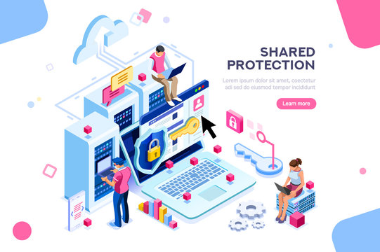 Online administrator, web hosting concept. Technician repair software. Hardware protection share infographic. Store safe server concept. Characters and text images, flat isometric vector illustration