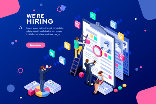 Job Presentation Fair Banner Page, Choose Career Or Interview A Candidate. Job Agency Human Resources Creative Find Experience. Work Concept With Character And Text. Flat Isometric Vector Illustration