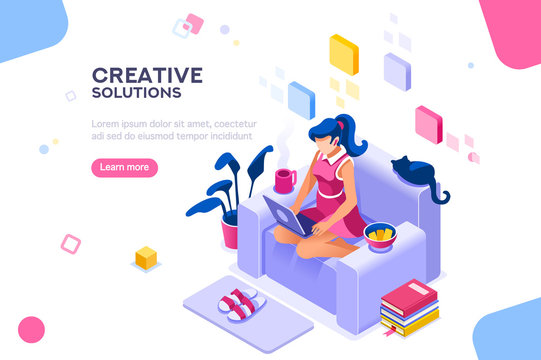 Girl sitting on the sofa works with laptop, modern freelancer template for website. Concept with characters and text for services. Web page, flat isometric infographic vector images, illustration.
