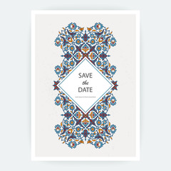 Arabesque floral decoration print, border design template vector. Oriental flowers style pattern. Eastern motif element. Ornamental frame illustration background invite, greeting card, wedding