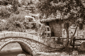 Fototapeta premium mountain, monument, garden, city, asia, park, steps, archeology, view, stone, ancient, ruins, rock, architecture, landscape, travel, old, village, mill, water mill, baraka, house, bridge, waterfall, r