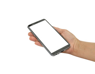 Touch screen smartphone, in a hand on white background