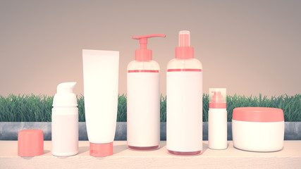 Realistic 3D rendering mockup for cosmetic containers for creams and tonic bottles. Bottle and tube, tonic cream for care skin illustration