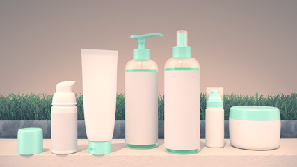 Realistic 3D rendering mockup for cosmetic containers for creams and tonic bottles. Bottle and tube, tonic cream for care skin illustration