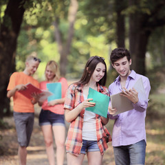 group of students discussing exam questions standing in the Park