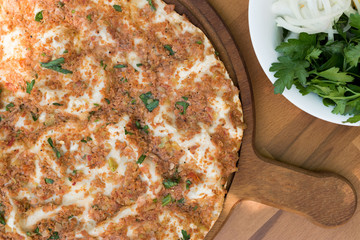 Turkish Food Lahmacun with Minced Meat, Buttermilk Ayran and Salad