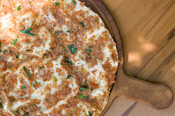 Turkish Food Lahmacun with Minced Meat, Buttermilk Ayran and Salad