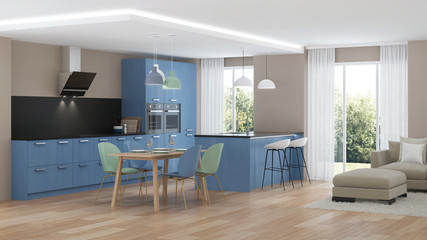 Modern house interior. Blue Kitchen. 3D rendering.
