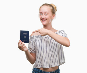 Blonde teenager woman holding passport of Germany very happy pointing with hand and finger