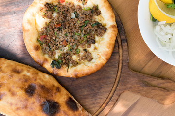 Turkish Bafra Pide with Minced Meat Kavurma