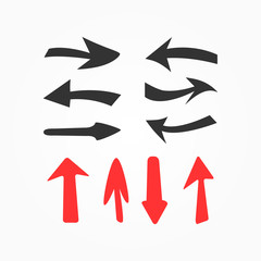 Set of red and black arrows drawn by hand. Collection of isolated elements.