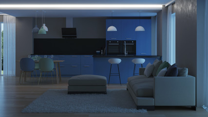Modern house interior. Blue Kitchen. Night. Evening lighting. 3D rendering.