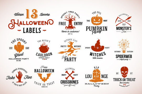 Thirteen Spooky Vintage Halloween Vector Badges, Labels or Logo Templates. Pumpkin, Ghost, Skull, Bones, Bats and Other Symbols with Retro Typography.