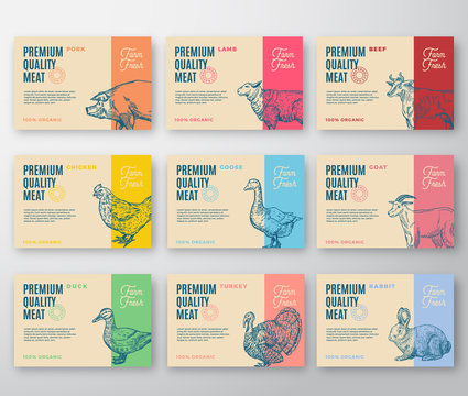 Premium Quality Meat and Poultry Labels Bigger Set. Abstract Vector Labels Packaging Design. Modern Typography and Hand Drawn Animals Silhouette Background Layouts.