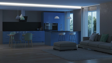 Modern house interior. Blue Kitchen. Night. Evening lighting. 3D rendering.