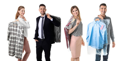 Set with people and clothes in plastic bags on white background. Dry-cleaning service