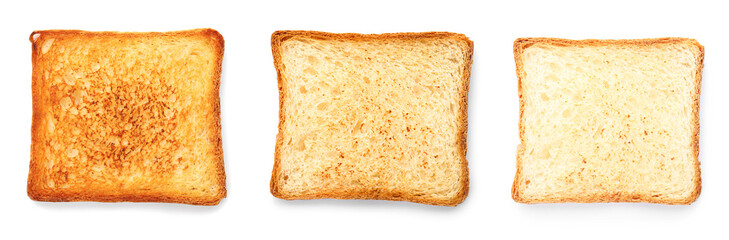 Set with crispy toast bread slices on white background