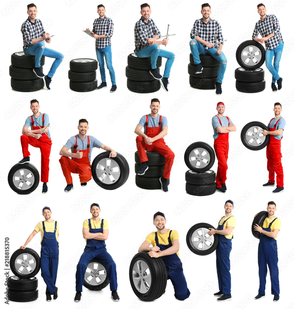 Sticker Set with professional mechanic and car tires on white background