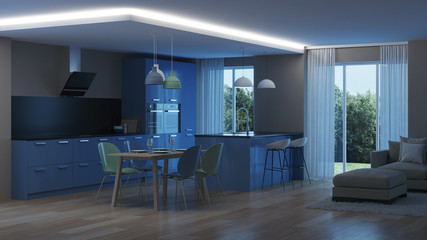 Modern house interior. Blue Kitchen. Night. Evening lighting. 3D rendering.
