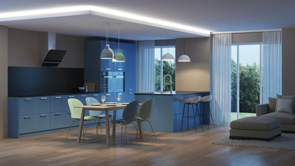Modern house interior. Blue Kitchen. Night. Evening lighting. 3D rendering.