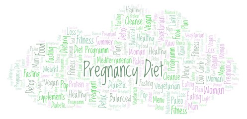 Obraz premium Word cloud with text Pregnancy Diet on a white background.