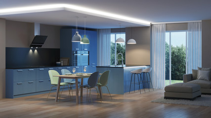 Modern house interior. Blue Kitchen. Night. Evening lighting. 3D rendering.