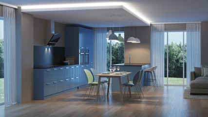 Modern house interior. Blue Kitchen. Night. Evening lighting. 3D rendering.