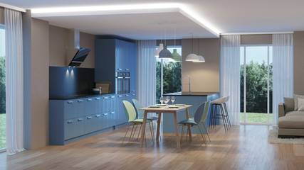 Modern house interior. Blue Kitchen. Night. Evening lighting. 3D rendering.
