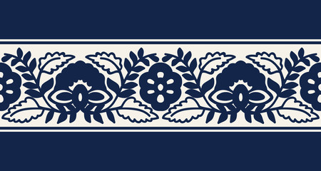 Seamless woodblock printed indigo dye ethnic floral border. Traditional oriental ornament of India, flower and damask wave motif, navy blue on ecru background. Textile design.