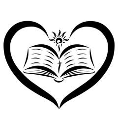 Open Bible in the heart and the shining sun