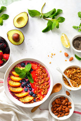 Smoothie bowl with ingredients for cooking, top view