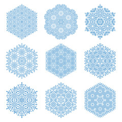 Set of vector blue snowflakes. Fine winter ornaments. Snowflakes collection. Snowflakes for backgrounds and designs